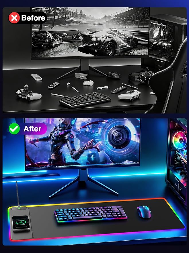 Wireless Charging Mouse Pad Gaming, 31.5"x15.8" Large Desk Mat, Waterproof | RGB Mousepad, Smooth Glide, Stitched Edge, Non-Slip Rubber Base, Desk Pad Computer Keyboard Mat, No Adapter