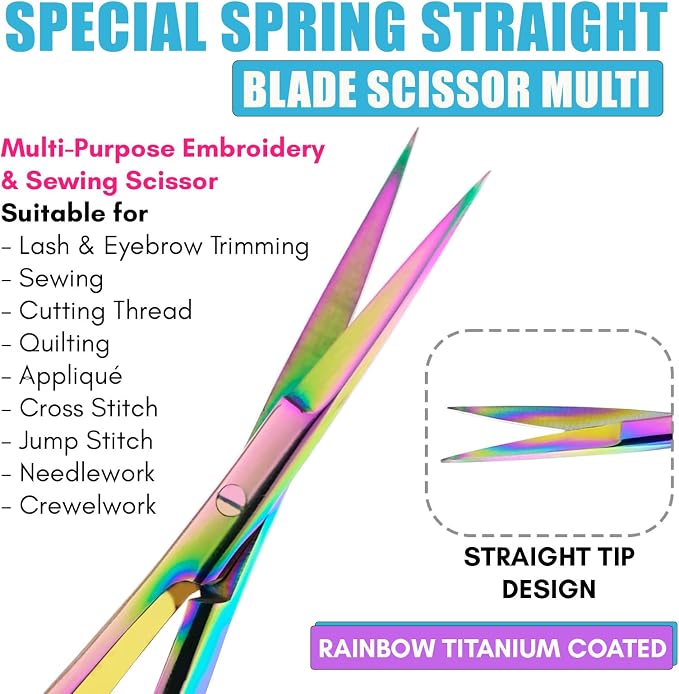 Cross Edge Spring Scissors 5 Inch straight Stainless-Steel Precision Eyebrow & Eyelash Shaping Trimming Scissor, Squeeze, Embroidery, Knitting Micro Tip Craft Scissors (Rainbow Glitter White)
