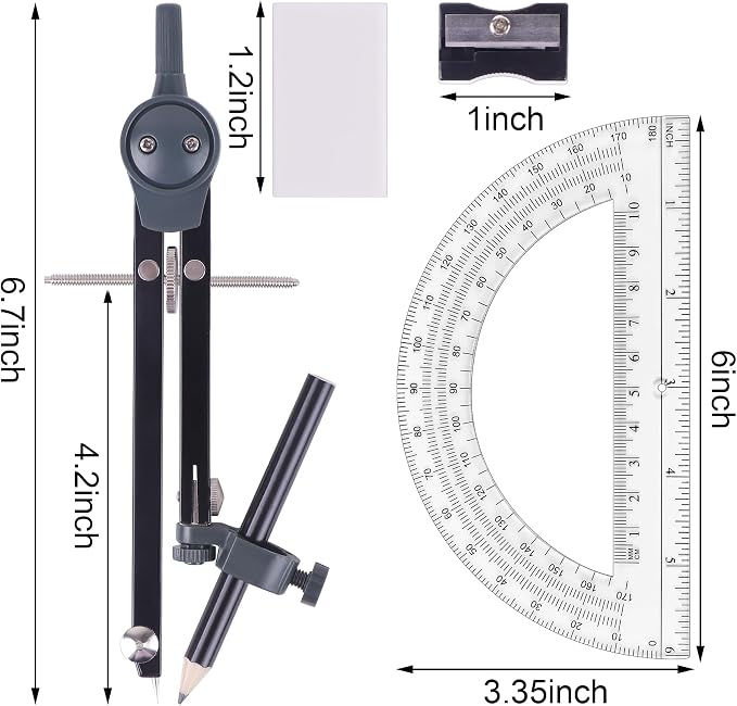 UNJOO Professional Metal Compass for Geometry Set, Math Protractors (Black) | Metal Compass with Wheel and Lock for Geometry, Drawing Compass Tool, Circle Drafting Tool, and 6 Inch Protractors 180 Degree