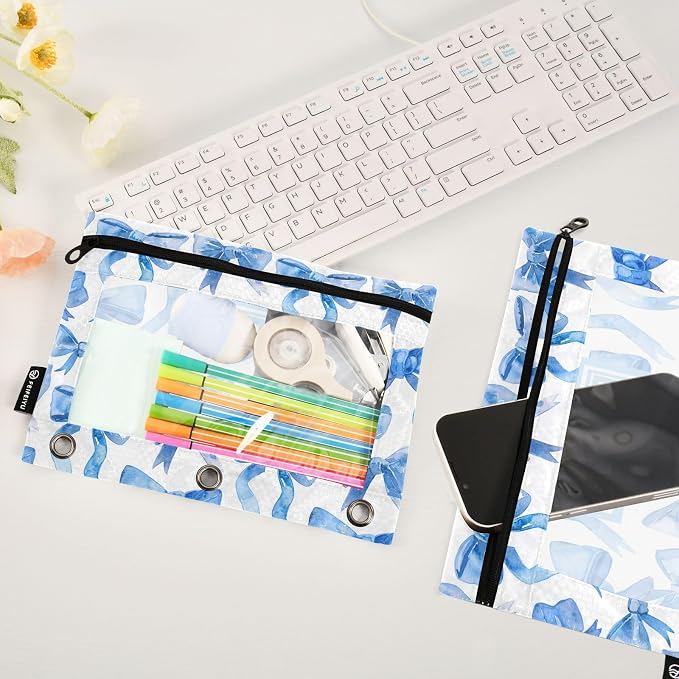 Custom Binder Pencil Pouches Personalized Blue Ribbon Bows Watercolor Pen Case | Clear Window 3 Rings, Cosmetic Bags School Office Supplies Cosmetic Makeup Bag 2 Psc