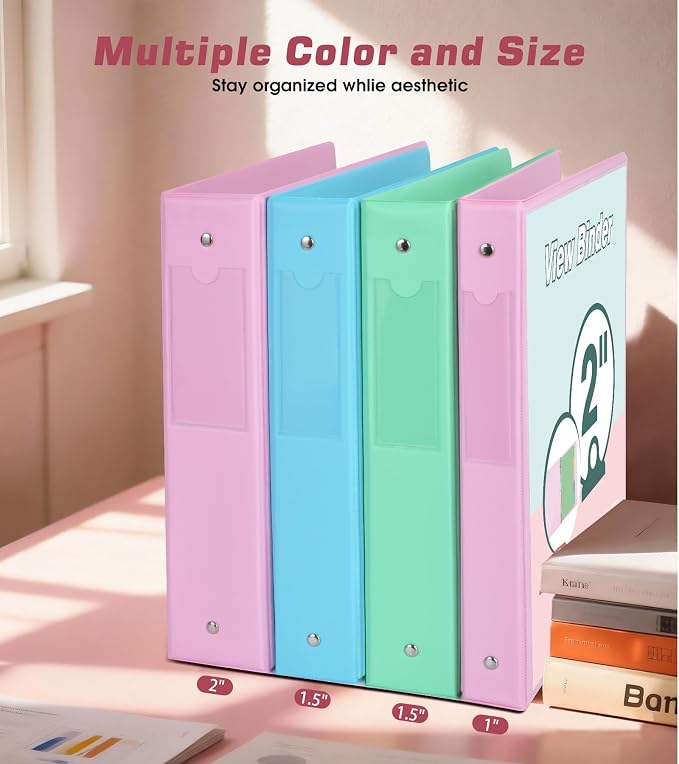 3 Ring Binder 2 inch，Cute Binder Organizer with 5 Tab Dividers Fits 175 Sheets of 8.5x11 Paper, Customizable Clear Cover with Inside Pockets, Aesthetic 2" Three Ring Binders for School Office，Pink
