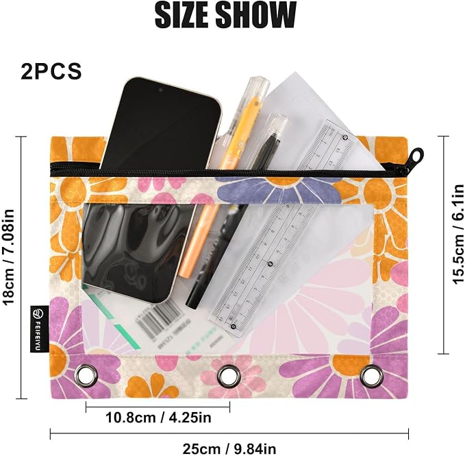 Gredecor Binder Pencil Pouch 3 Ring Hippie Retro Daisy Flowers Zipper Pencil Pouches Case 2 Pack Clear Binder Organizer for School Office