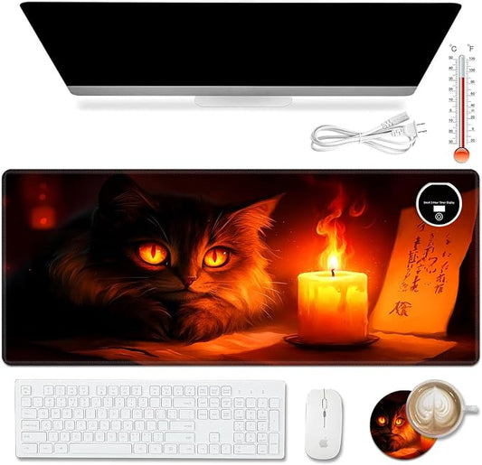 Warm Desk Pad,Heated Desk Pad,Office Mat,3 Heating Levels & 3 Hours Auto Shut-Off,31.5"*13" Gaming Mouse Laptop Keyboard Leather Desk Mat,Cute Cat Candlelight