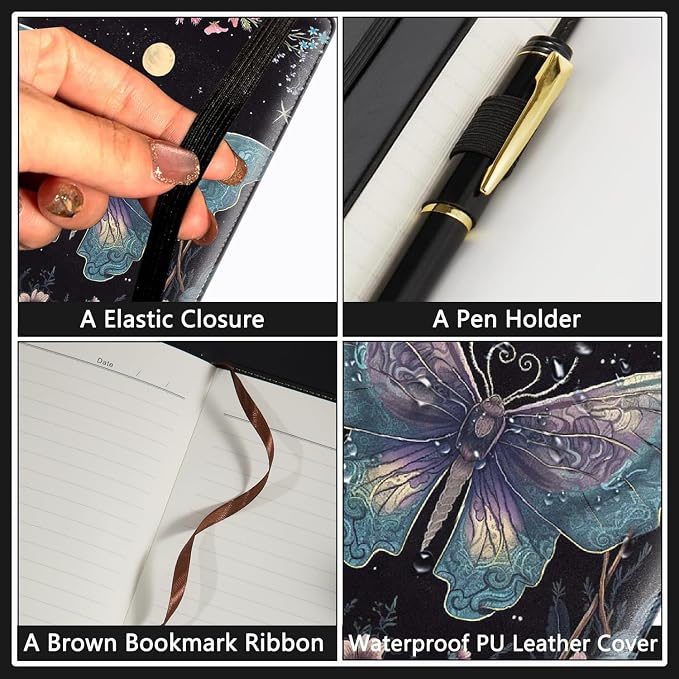 A5 Leather Lined Journal Notebook, 200 Pages Hardcover Executive Notebook for Men Women Office School Note Taking, Thick Writing Paper Daily Journal with Bookmarks/Indexes, Moth Moon