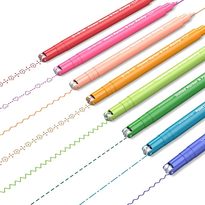 AECHY 8Pcs Dual Tip Pattern Marker Pens, 8 Colors, 6 Curve Shapes Designs | Colored highlighter pens with pattern roller and writing tip for Bullet Journal, Note Taking, Scrapbook, School Supplies