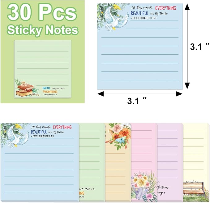 30 Pack Bible Sticky Notes - 600 Sheets Christian Notepads Inspirational Sticky Notes Religious Bible Verse Quotes Notepads for Message Reminder Gifts Diary Lists Schedules Studying Office School