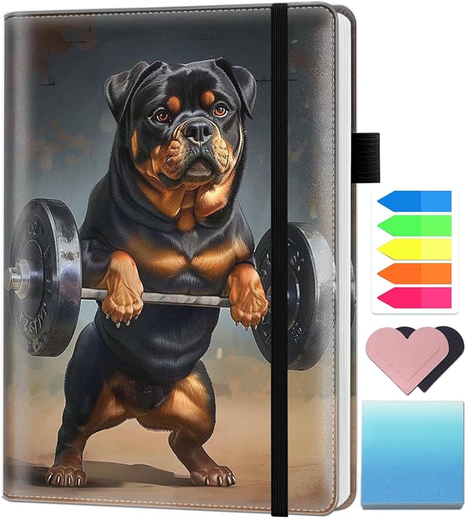 A5 Leather Lined Journal Notebook, 200 Pages Hardcover Executive Notebook for Office School Note Taking, Thick Writing Paper Daily Journal with Bookmarks/Indexes, Animal Dog Weightlifting