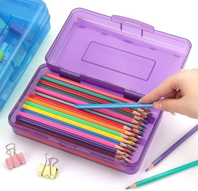 Tamaki 1 Pack Plastic Pencil Box Large Capacity, Purple | Clear Boxes with Snap-tight Lid Stackable Design and Stylish Office Supplies Storage Organizer