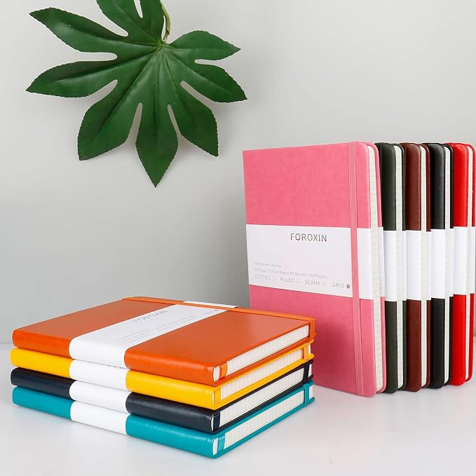 Grid Journal Bullet Notebook - Pink Leather Cover, 8.3 x 5.7Inch, 160 Pages, 100gsm Paper, Hardcover with Inner Pocket, Elastic Closure and Ribbon Bookmark, Great for Women and Men