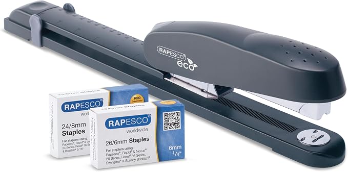 Rapesco 1480 ECO Long Reach Stapler with 2000 Staples (26 Standard 1/4" and 24 High-Capacity 5/16"), 50 Sheet Capacity, Front Loading, Non-Slip Base, for Binding Books, Brochures or Cards, Charcoal | Heavy-Duty All-Metal Chassis, Includes 2000 Staples,...