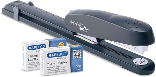 Rapesco 1480 ECO Long Reach Stapler with 2000 Staples (26 Standard 1/4" and 24 High-Capacity 5/16"), 50 Sheet Capacity, Front Loading, Non-Slip Base, for Binding Books, Brochures or Cards, Charcoal | Heavy-Duty All-Metal Chassis, Includes 2000 Staples,...