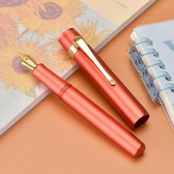 HONG DIAN M2 Mini Fountain Pen with Extra Fine Soft Golden Nib, Sleek Shape Aluminium Short Pocket Travel Pen (Orange Red)