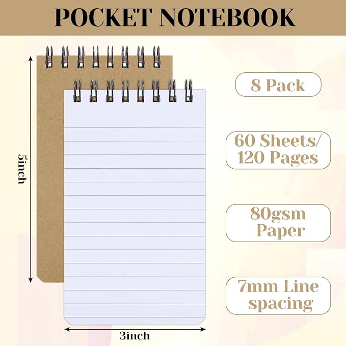 Thboxes 8 Pack Pocket Notebook, 3x5 Small Spiral Notebooks with 60 Sheets/120 Lined Pages Small Notebook Spiral Notepads Mini Note Pads Notebooks for School Office (Brown)