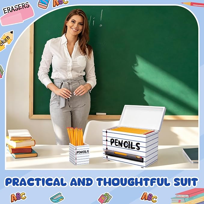 Mifoci Wooden Pencil Dispenser Kit for Classroom Wooden Pen Holder Straw Dispenser Sharp and Dull Letter Stickers for Teachers Classroom Supplies Storage(Notebook Line)
