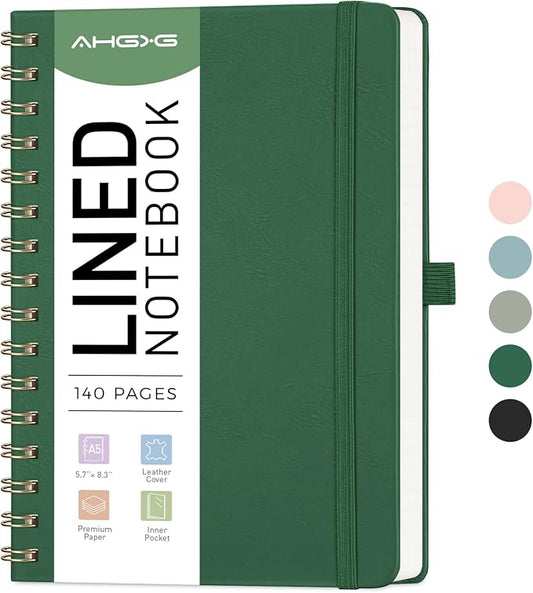 AHGXG Lined Spiral Journal Notebook, 140 Pages, A5 (5.7" x 8.3") | Journals for Women, Hardcover Leather Notebook College Ruled, 100 GSM Paper, for Work School Note Taking (Dark green)
