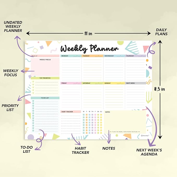 Decorably 52 Sheets Colorful Pastel Weekly to Do List Notepad - 11x8.5" Spring-Bound Planner Pad, Easy Tear-Off for Priorities, Habit Tracker, Focus & Notes - Home, School, Office