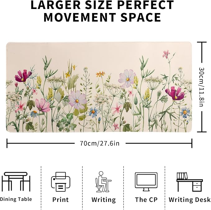 Flower Gaming Mouse Pad Large Mouse Pad for Keyboard and Mousepad Desk Mat with 3mm Non-Slip Base and Stitched Edge for Gaming and Office Computer Mat Protector Mat 27.6x11.8 Inch