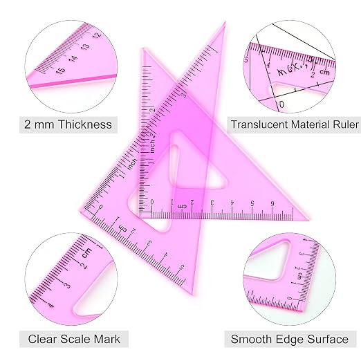 Coopay 6 Inch Math Geometry Tool Plastic Ruler Square Set Includes Straight Ruler, Triangles, Protractor for Student School Office Supplies (Pinkish-Purple)