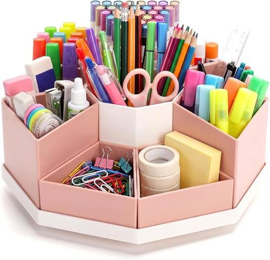 Pajean Rotating Desk Organizer Caddy with 9 Compartments Detachable Rotating Pencil Pen Holders for Desk, 9 Slots 360 Degree Desktop Stationery Art Supplies Makeup Storage Organizer Gift(Pink)