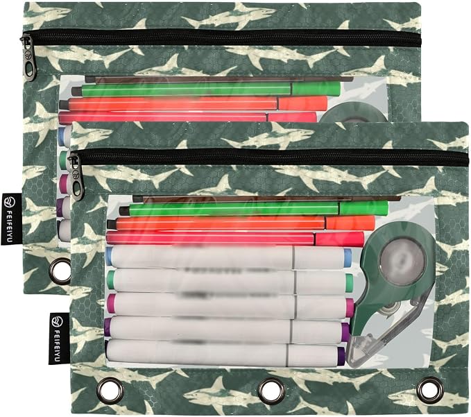 Binder Pencil Pouches, Sharks White Silhouette Pattern Pencil Case with Clear Window 3 Rings Pen Case Holder School Office Supplies Cosmetic Makeup Bag