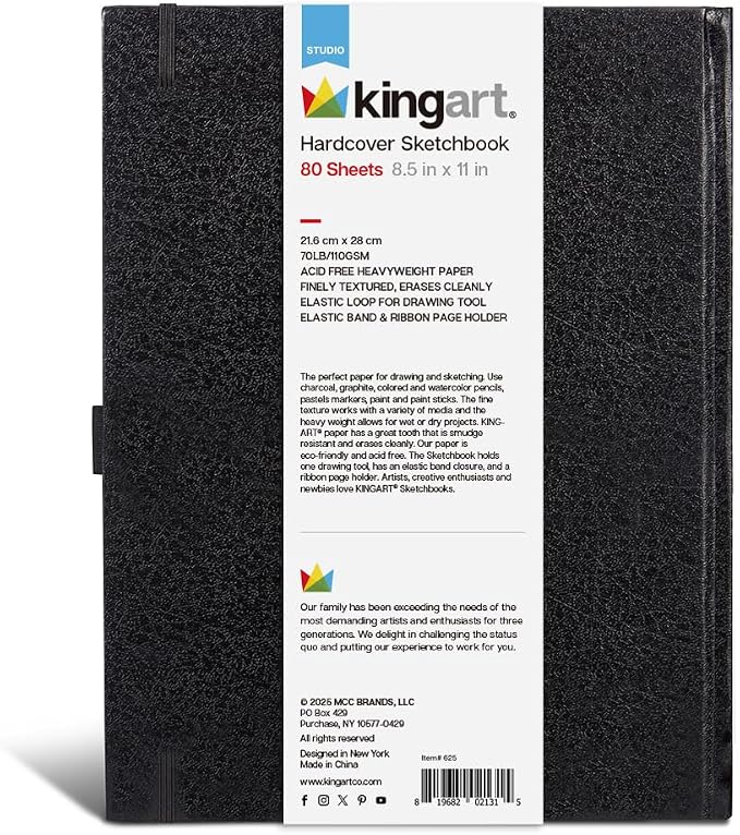 KINGART Hardcover Sketchbook Journal – 8.5 x 11 Inch, 1-Pack – 80 Sheets (160 Pages), 70 lb (110 GSM) Acid-Free Heavyweight Black Bound Notebook