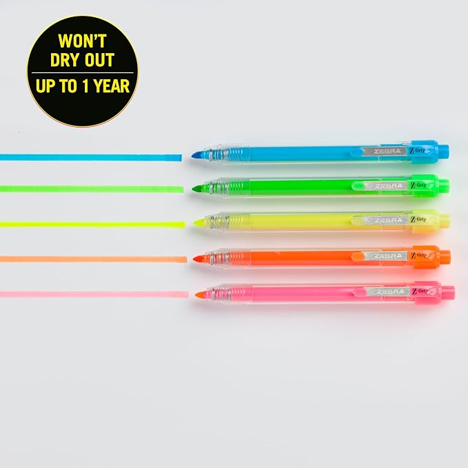 Zebra Pen Z-Grip Retractable Highlighter, Assorted, Chisel Tip, 5-Pack | Metal Clip, Ideal for School, Office and Teacher Supplies, Note-Taking, Studying, and Planners, Transparent Barrel (71205)