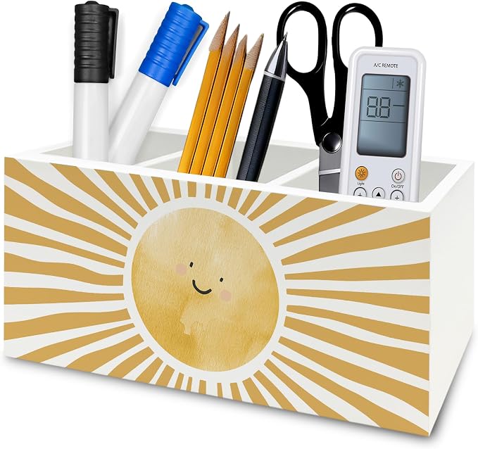 Boho Yellow Sunshine Pen Pencil Holder Organizer for Desk, Cute Smile Groovy Sun Sunshine Wooden Box Signs Decorations for Kids Room Home Classroom Desk Tabletop