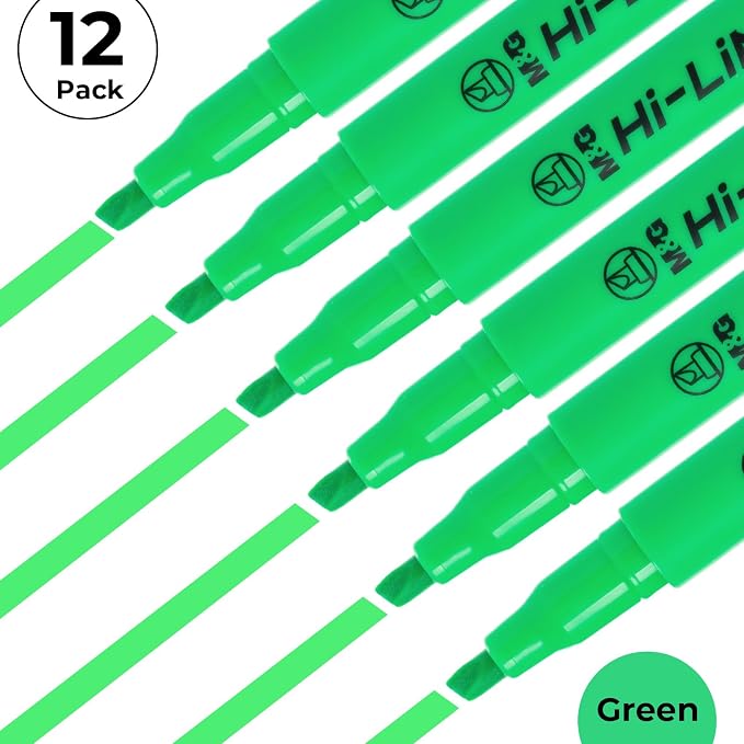 M&G Liner Highlighters, 12-Count Pack Green Highlighters, Chisel Tip No Bleed Highlighter Pens for Office Documents, Planning, and Everyday Organization