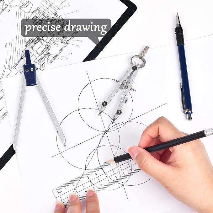 Unjoo 9Pcs Precision Geometry Set Metal Compass,Geometry Tool Set (Blue) | Shatterproof Storage Box, Circle Drafting Tool and Architecture, Drafting Kits for Engineers Students