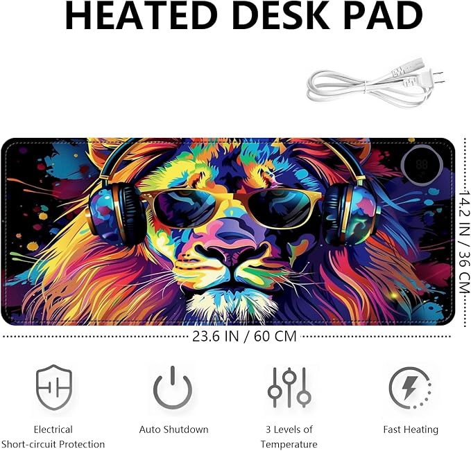 Heated Mouse Pad with 3 Levels Heated & 3 Hours Auto Shut-Off Mouse Pad for Warming Hands in Office Home, 23.6" x 14.2"Large Safe Desk Mat Hand Warmer，Lion with Headphones