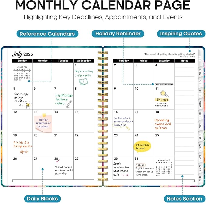 Planner 2026–2027, Weekly & Monthly Academic Organizer for School Year, Jul 2026–Jun 2027, Hardcover Planner with Tabs, Back to School Essential, 6.3" x 8.5", Coral Garden