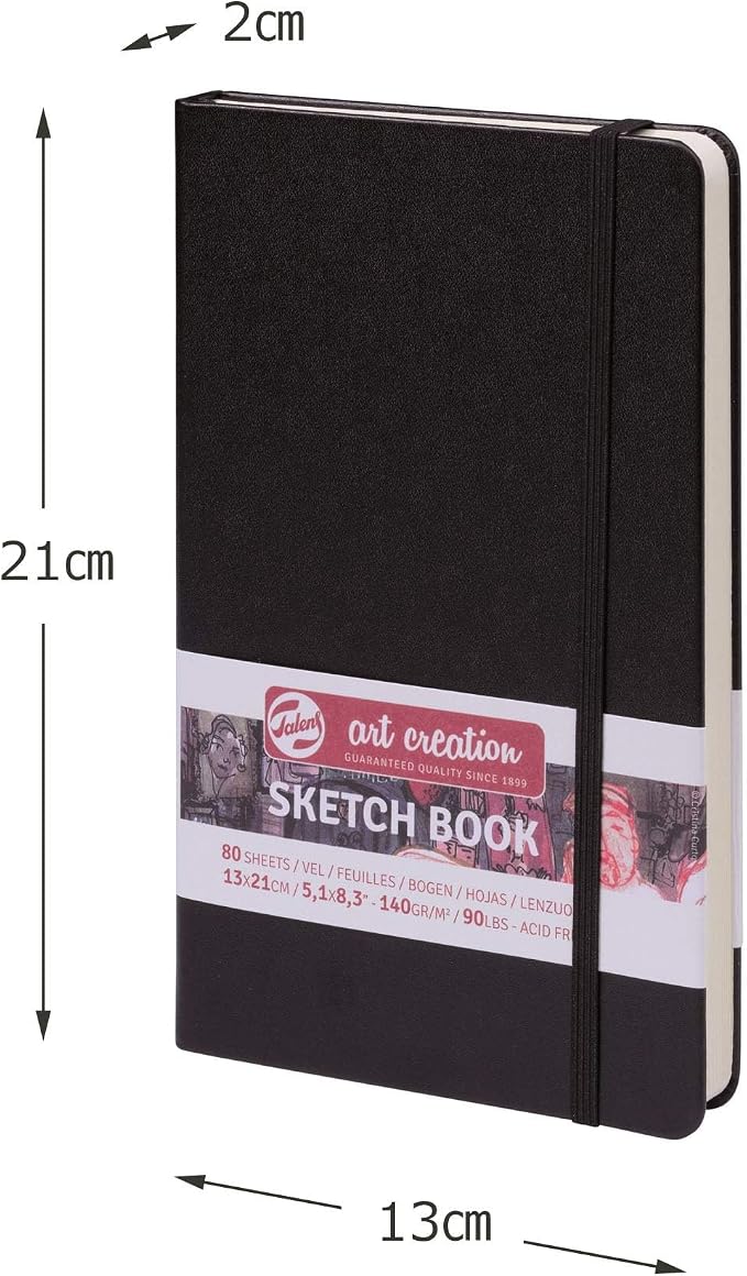 Talens Art Creation Sketchbook, Black, 80 Sheets, 5.1 x 8.3 in | Hard-Bound Pocket Notebook, 140 GSM/94 lbs Paper, Acid-Free Cream Blank Paper, Ribbon Bookmark, and Elastic Closure