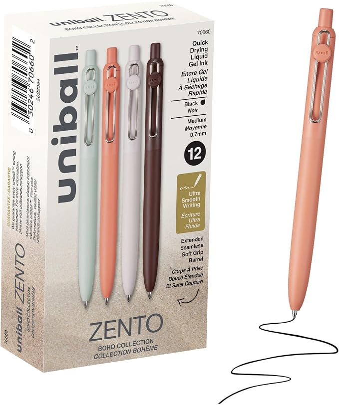 uniball™ Zento Gel Pens, Black Ink, 0.7mm Medium Point, Retractable, 12 Count, Smooth Writing, Quick-Drying, No Smear, No Bleed, Boho Barrel Colors