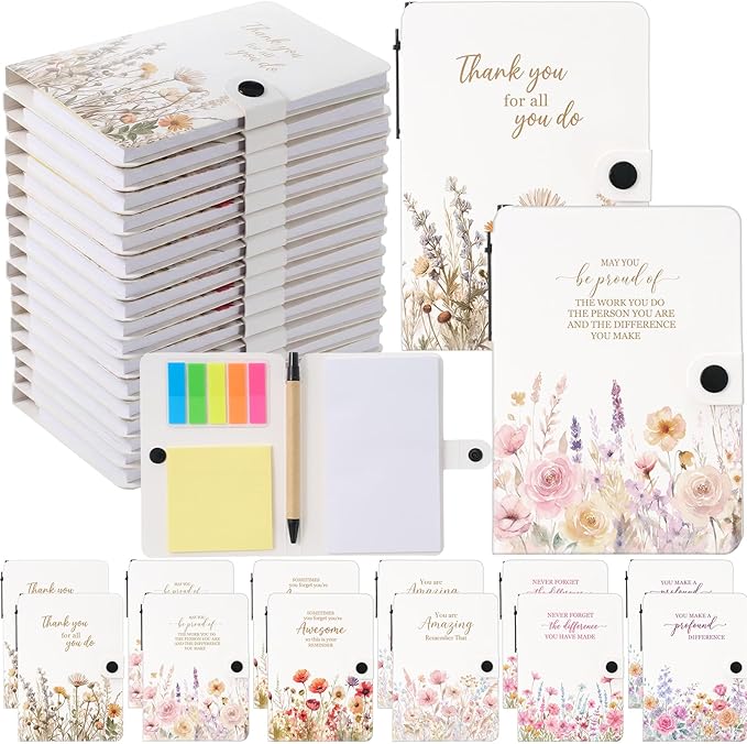 Resurhang 36 Pack Appreciation Gifts Bulk Inspirational Spiral Notebook with Sticky Note Pen, Note Pads Motivational Journals Thank You Gifts for Employee Volunteer Teacher Nurse Team (Wildflower)