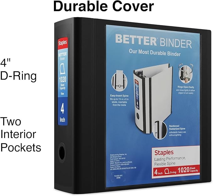 Staples Better Binder, 4" D‑Ring 3‑Ring View Binder, Black, Reinforced Spine, Durable High‑Capacity Binder for School & Office Organization