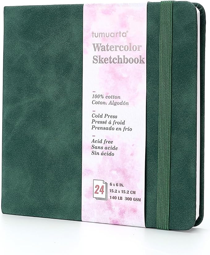 Square 100% Cotton Watercolor Paper Sketchbook, 140 LB, Cold Press | 300GSM, Acid Free, 24 Sheets,48 Pages, tumuarta 6x6 In Watercolor Journal for Use As Travel Notebook and Mixed Media Pad
