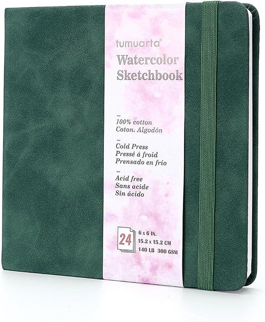 Square 100% Cotton Watercolor Paper Sketchbook, 140 LB, Cold Press | 300GSM, Acid Free, 24 Sheets,48 Pages, tumuarta 6x6 In Watercolor Journal for Use As Travel Notebook and Mixed Media Pad