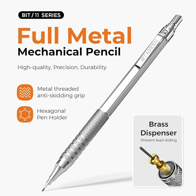 STAGEEK 25PCS Art Mechanical Pencil Set, 3PCS Metal lead pencil 0.5, 0.7, 0.9, 2PCS 2mm Drawing Pencil (HB 2H 2B 4B Color) with 392PCS Graphite Leads, Eraser with Case for Drafting Drawing Writing