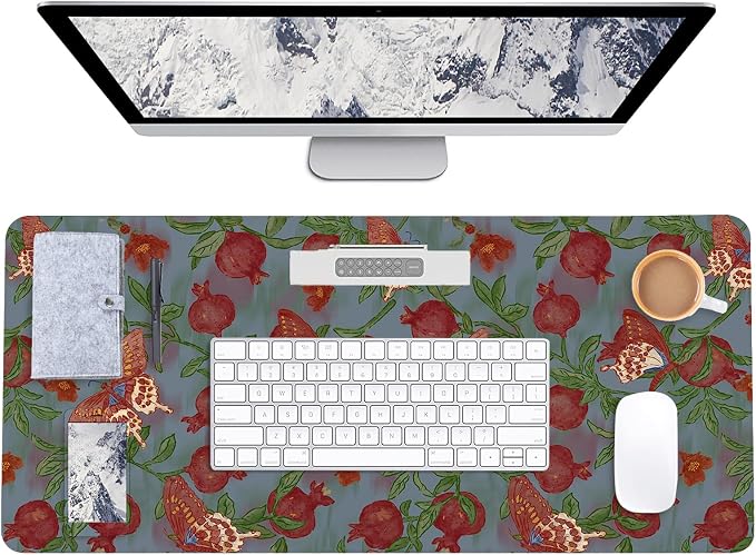 Botanical Floral Desk Pad Blotter,Large Mouse Pad 35 x 17in,PU Leather Desk Mat Writing Pad Protector, Non-Slip Waterprrof,Desktop Decor for Home Office Women Girls (Pomegranate Flower Butterfly)