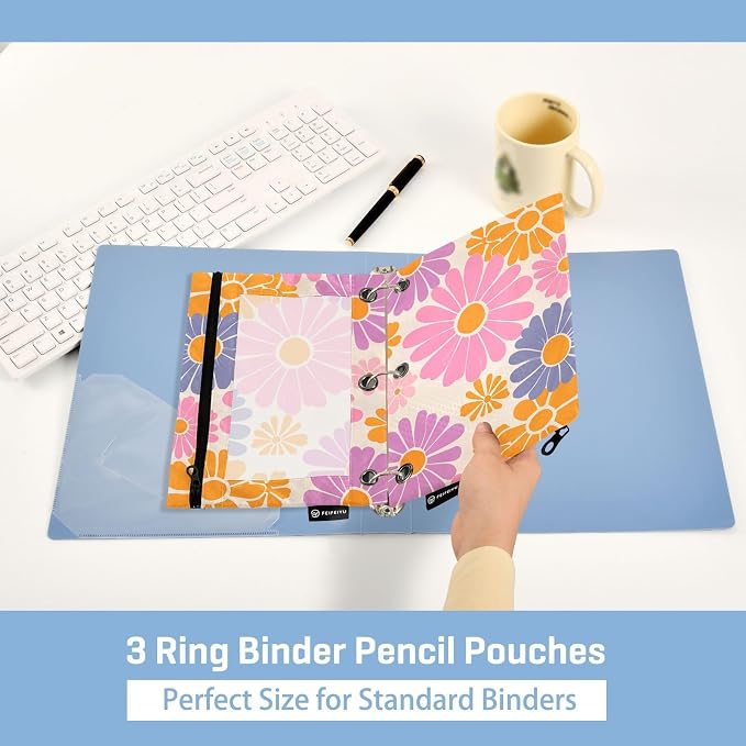 Gredecor Binder Pencil Pouch 3 Ring Hippie Retro Daisy Flowers Zipper Pencil Pouches Case 2 Pack Clear Binder Organizer for School Office