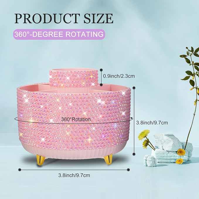 Bling Pink Rhinestone Desk Organizer with 5 Slots 360 Degree Rotating, Bling Pen Holder Makeup Brush Holder for Women, Pink Rhinestone Office Accessories