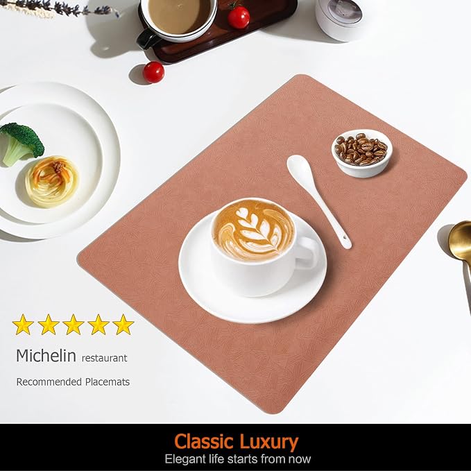 Beige Plastic Placemats Set of 4, Faux Leather Waterproof Table Mats | Coral Vinyl placemats,Wipeable and heat resistant table mats.Easy to clean,great for indoor and outdoor