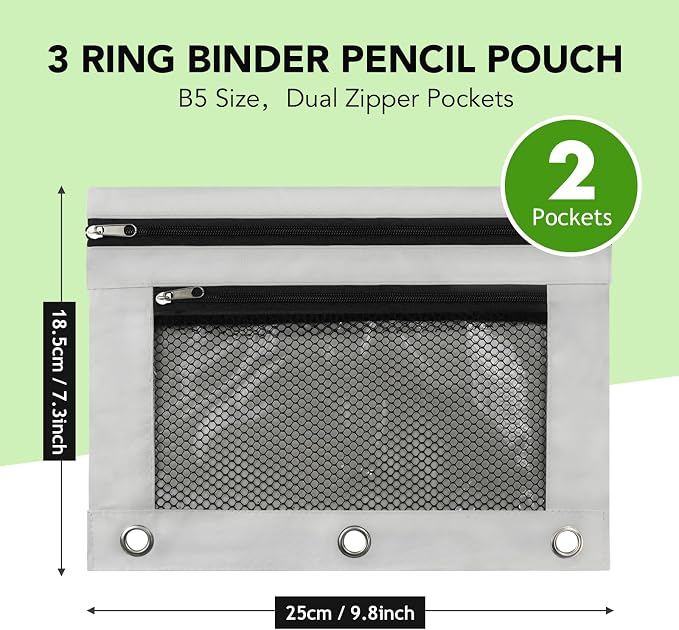 Pencil Pouch for 3 Ring Binder, Heavy Duty Canvas Dual Zipper Pen Bag with Clear Window, Smooth Metal Zipper, Fit Standard 3-Ring Binders for School Office Travel Supplies (Grey)