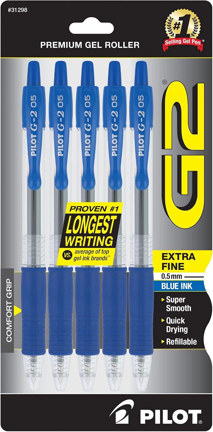Pilot G2 Premium Refillable and Retractable Rolling Ball Gel Pens, Extra Fine Point, Gel Ink Pens, 0.5mm, Blue Ink, 5-Pack