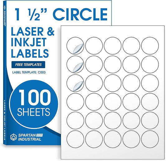 1.5" Printable Round Labels for Laser and Inkjet Printers - 3000 Blank Labels, 100 Sheets for Thank You Stickers, Price Tags, QR Codes, Business Logos - Spartan Industrial Template C003