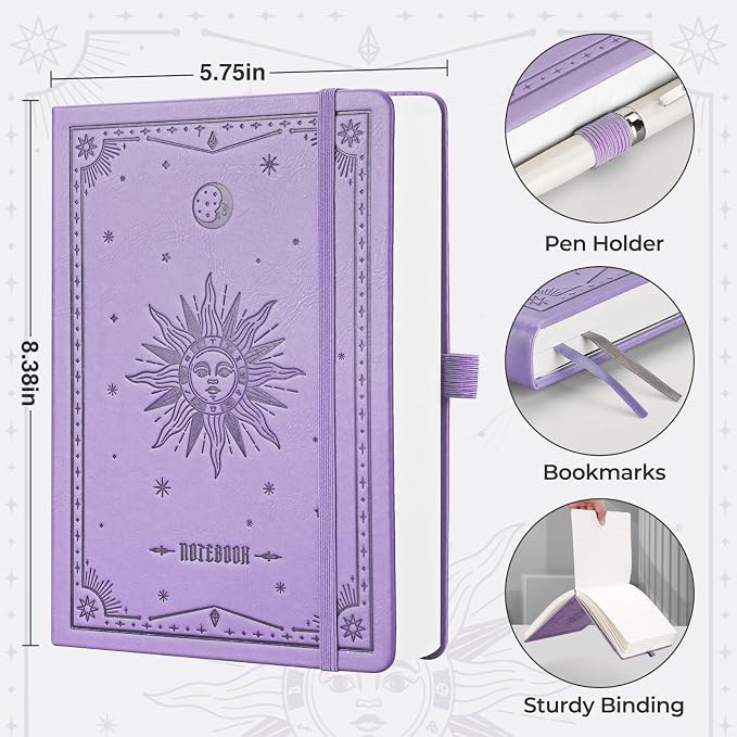EMSHOI Graph Grid Journal Notebook, 320 Pages, A5 Size (5.7'' x 8.3'') | Leather Hardcover, 100 GSM Thick Paper, for School, Note Taking, Math, Engineering, Sun Debossed (Light Purple)