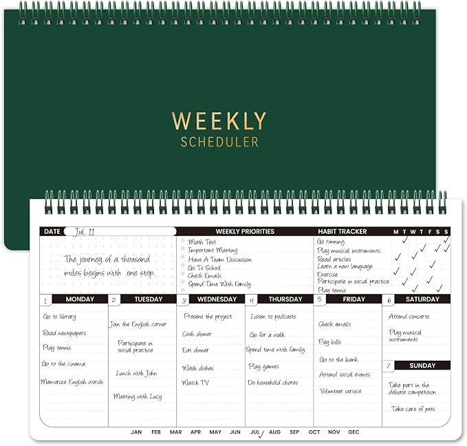Weekly Planner 2026-2027 - 11.2" x 6.3", Dark Green Spiral Bound, Thick Paper for Smooth Writing, Portable Size for Students, Teachers & Office Workers, 55 Weeks
