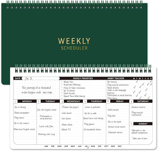 Weekly Planner 2026-2027 - 11.2" x 6.3", Dark Green Spiral Bound, Thick Paper for Smooth Writing, Portable Size for Students, Teachers & Office Workers, 55 Weeks