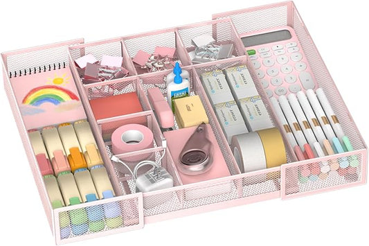 Expandable Desk Drawer Organizer, 10 Adjustable Compartments, Pink | Metal mesh drawer organizer tray with 5 removable dividers, expands from 8.74 to 16 in for office supplies, makeup or tools