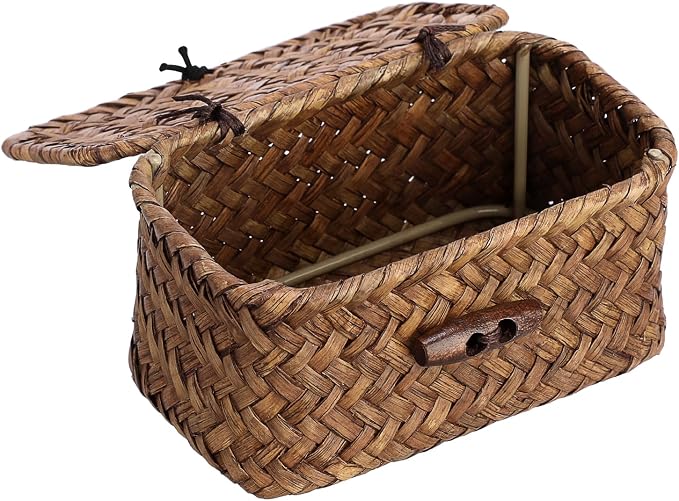 Seagrass Basket Bin with Lid Mini Size Handwoven Wicker Storage Container Storage Basket Decorative Desktop Organizer for Shelf Bathroom Home Decor, 4.3"x2.5"x2.1"